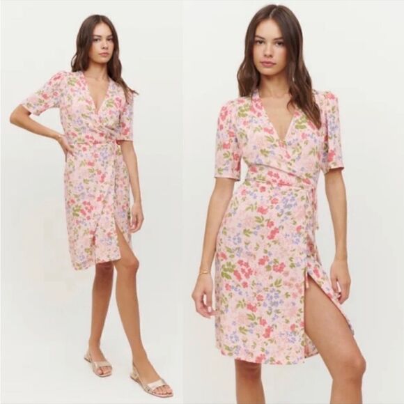 Reformation Laurent Wrap Mini Dress in Pink Esmee Floral Print NEW 0 $218 - Picture 2 of 8